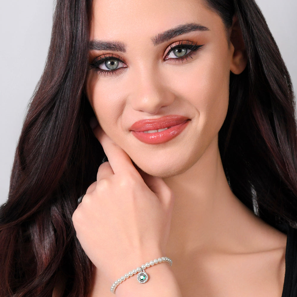 BRACCIALE DONNA IN ACCIAIO PERLE SINTETICHE E ZIRCONE VERDE