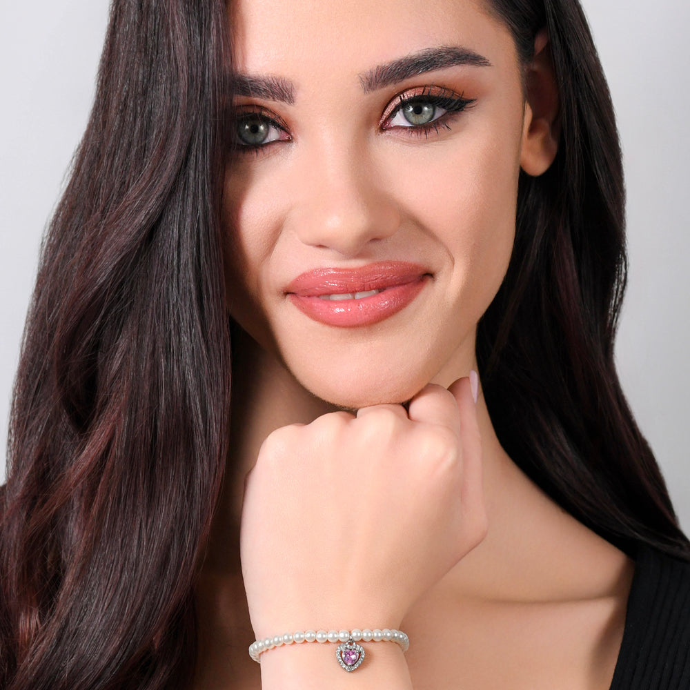BRACCIALE DONNA IN ACCIAIO PERLE SINTETICHE E CUORE ZIRCONE ROSA