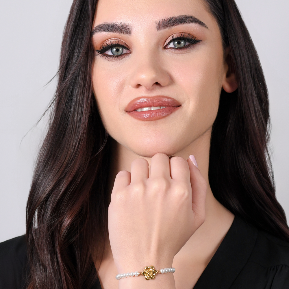 STAHL IP GOLD PERLEN UND ROSE DAMENARMBAND