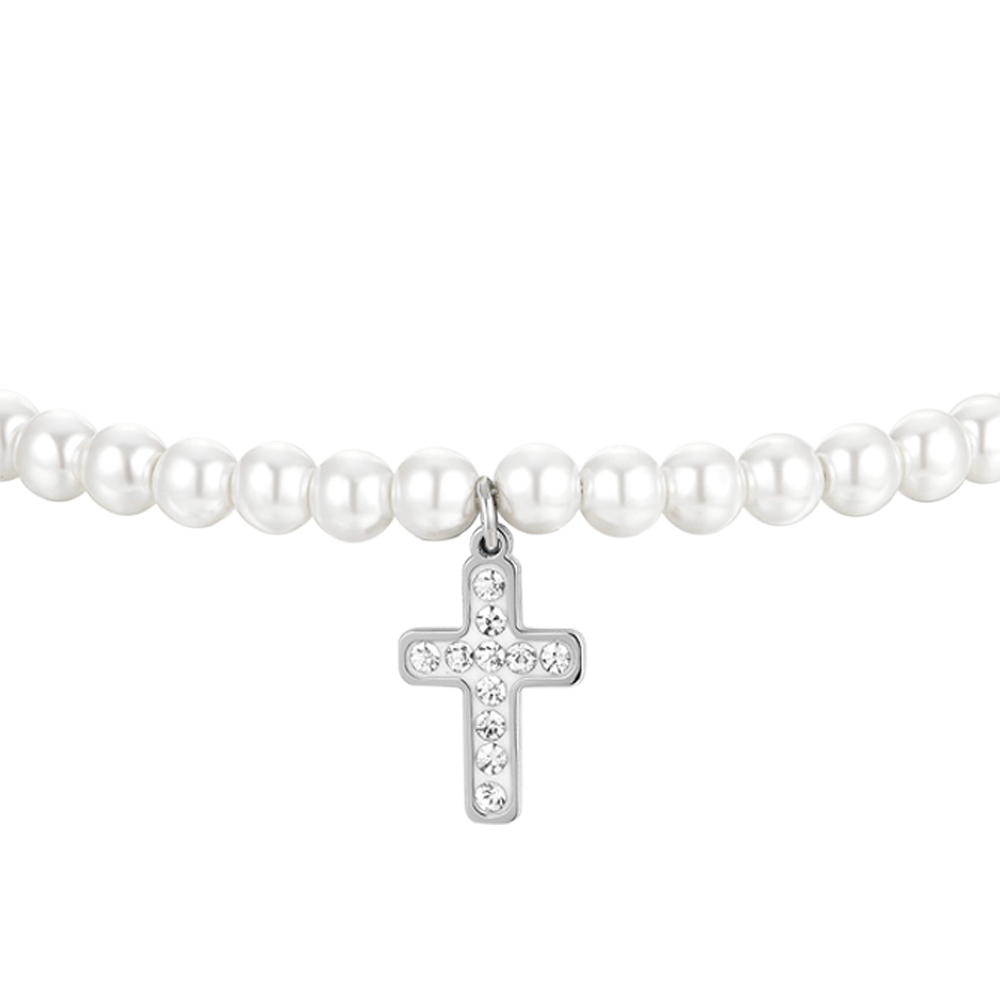 DAMENARMBAND AUS STAHL MIT PERLE UND KREUZ