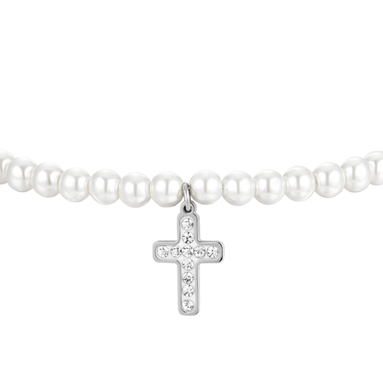 DAMENARMBAND AUS STAHL MIT PERLE UND KREUZ