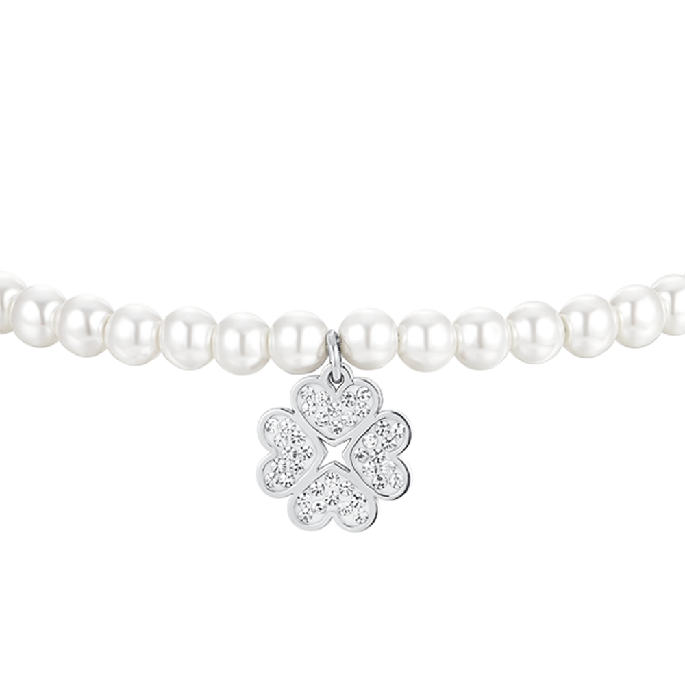 BRACCIALE DONNA IN ACCIAIO PERLE SINTETICHE E QUADRIFOGLIO