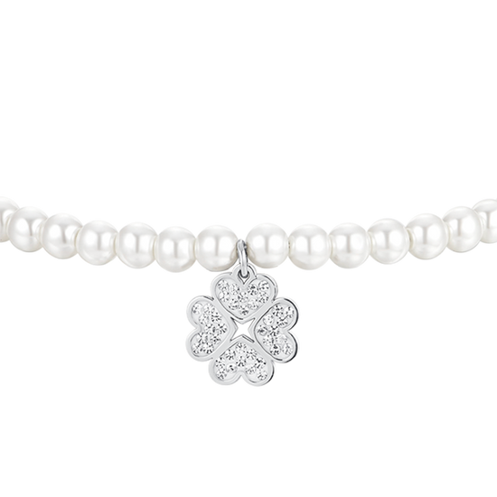 BRACCIALE DONNA IN ACCIAIO PERLE SINTETICHE E QUADRIFOGLIO