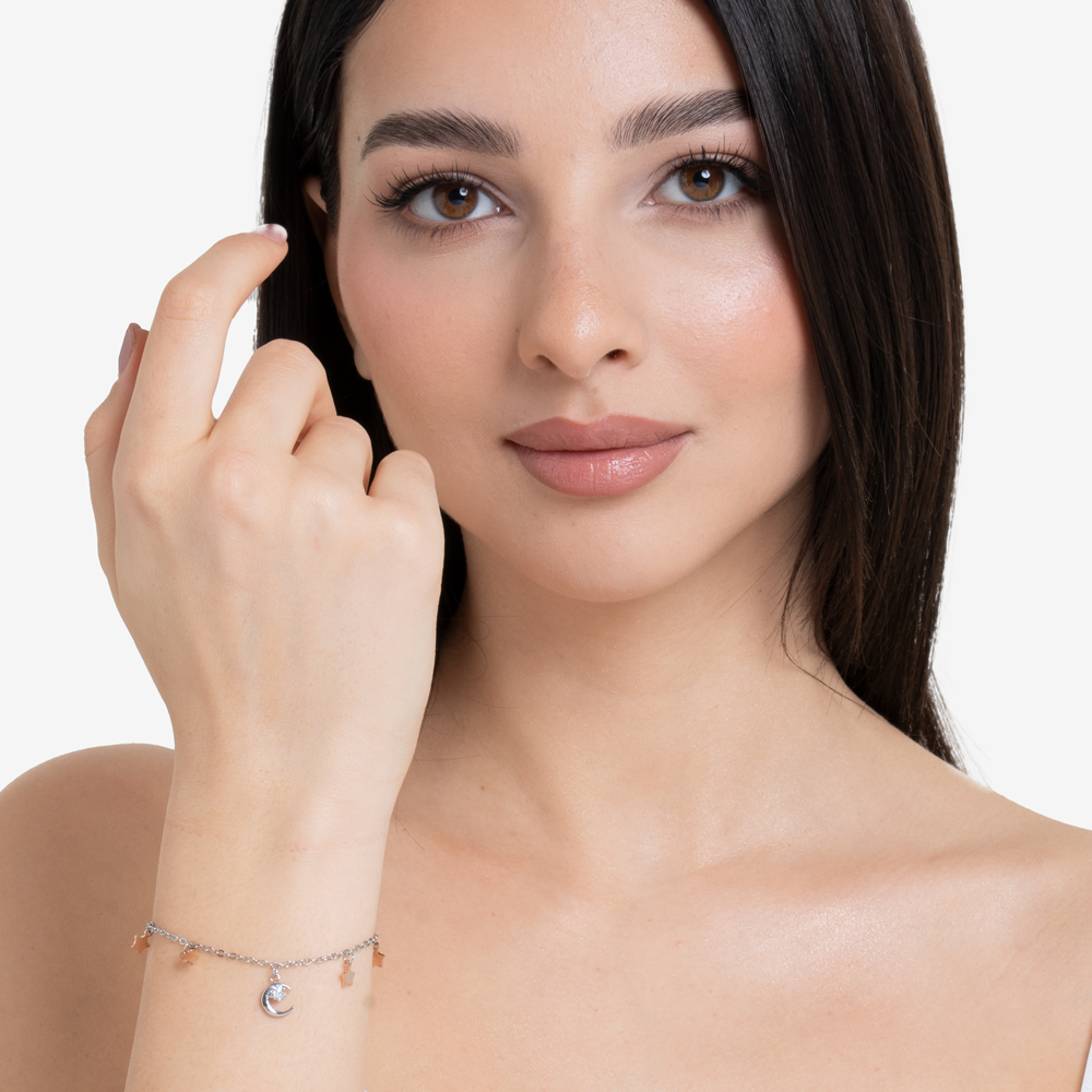 BRACCIALE DONNA IN ACCIAIO, LUNA CON ZIRCONE BIANCO E STELLE IP ROSE