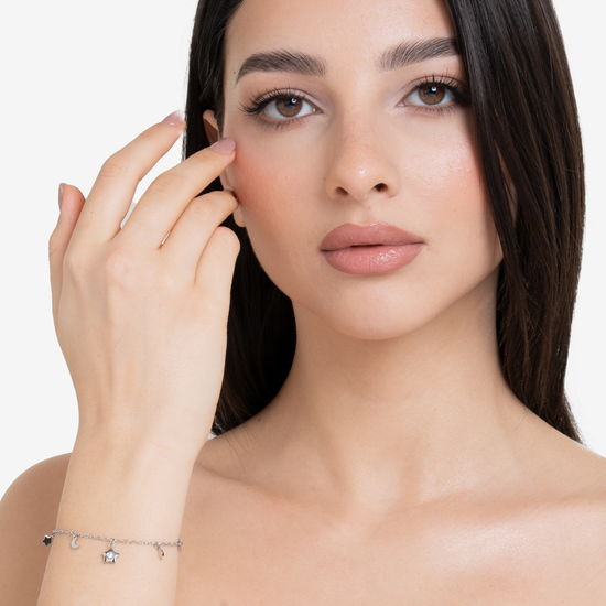 BRACCIALE DONNA IN ACCIAIO, STELLA CON ZIRCONE BIANCO, LUNE E STELLE