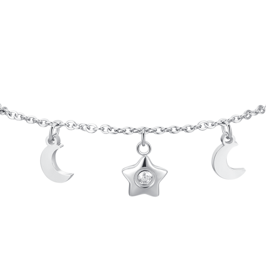 BRACCIALE DONNA IN ACCIAIO, STELLA CON ZIRCONE BIANCO, LUNE E STELLE