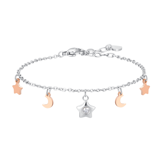 BRACCIALE DONNA IN ACCIAIO, STELLA CON ZIRCONE BIANCO, LUNE E STELLE IP ROSE