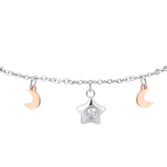BRACCIALE DONNA IN ACCIAIO, STELLA CON ZIRCONE BIANCO, LUNE E STELLE IP ROSE