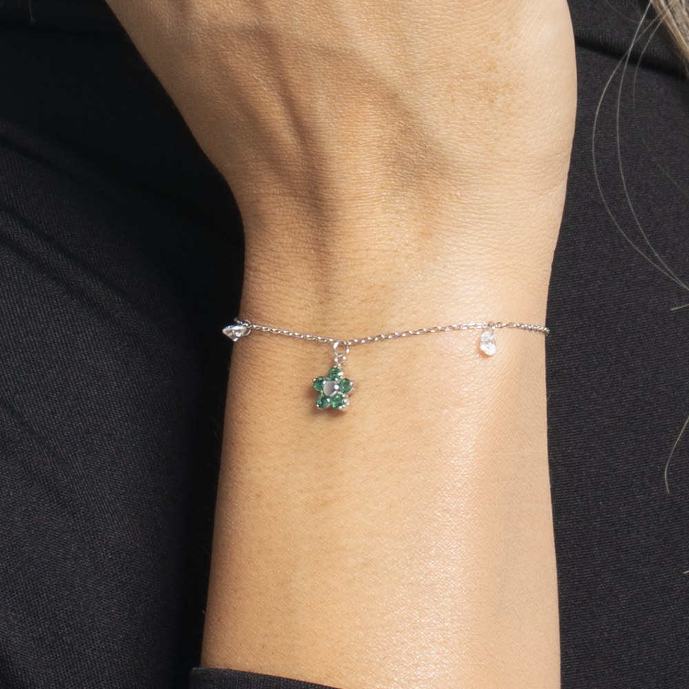 BRACCIALE DONNA IN ACCIAIO CON PENDENTE FIORE E PETALI ZIRCONE VERDE