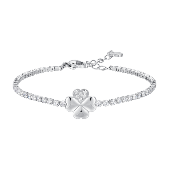 BRACCIALE TENNIS DONNA IN ACCIAIO CON QUADRIFOGLIO E PUNTI LUCE ZIRCONE BIANCO