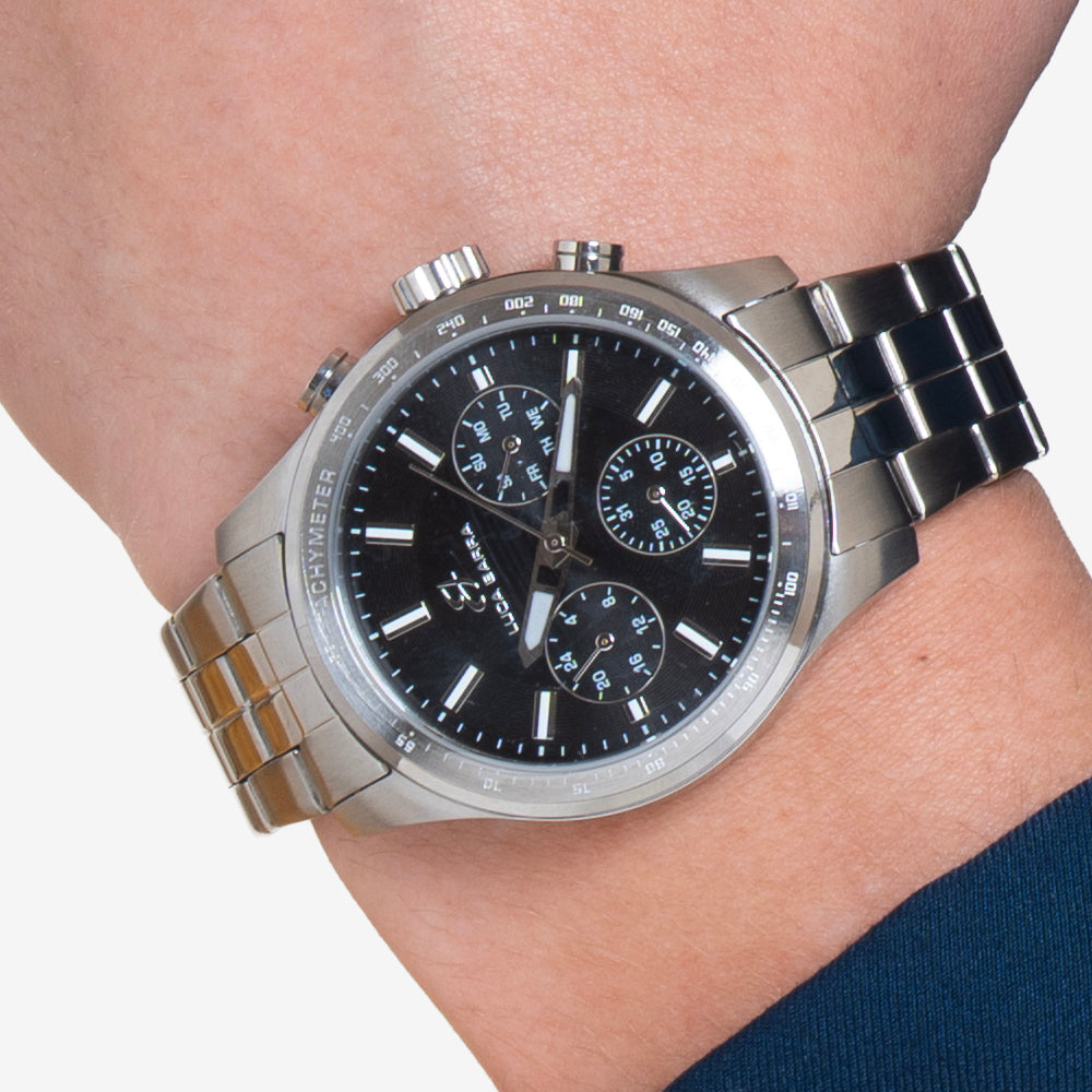 HERRENUHR AUS STAHL MIT SCHWARZEM ZIFFERBLATT UND SILBERNER LÜNETTE