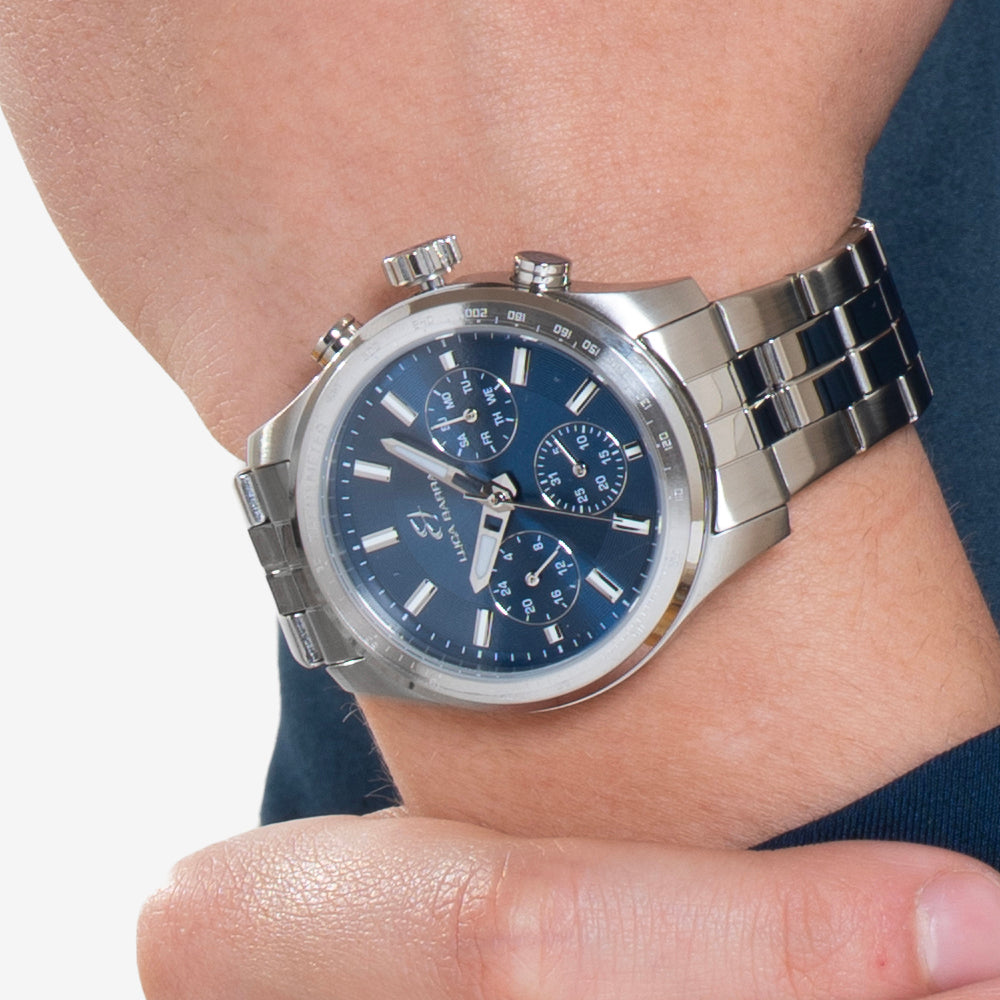 HERRENUHR AUS STAHL MIT BLAUEM ZIFFERBLATT UND SILBERNER LÜNETTE