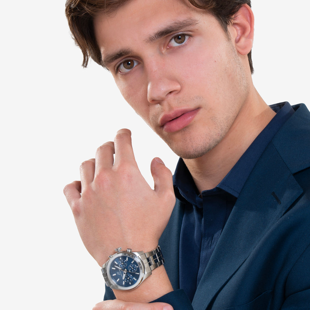 HERRENUHR AUS STAHL MIT BLAUEM ZIFFERBLATT UND SILBERNER LÜNETTE