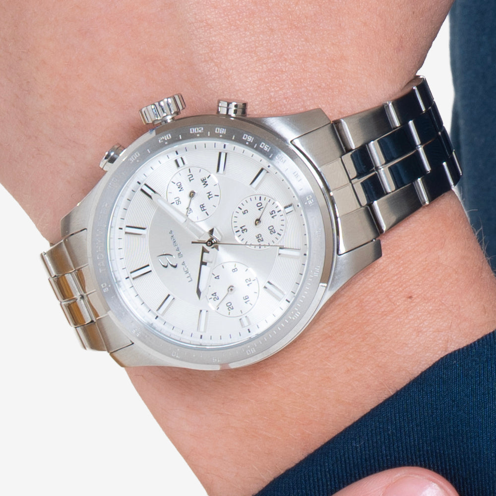HERRENUHR AUS STAHL MIT SILBERNEM ZIFFERBLATT UND SILBERNER LÜNETTE