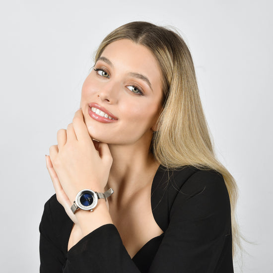 DAMENUHR MIT STAHLGEHÄUSE UND WEISSER KERAMIKLÜNETTE