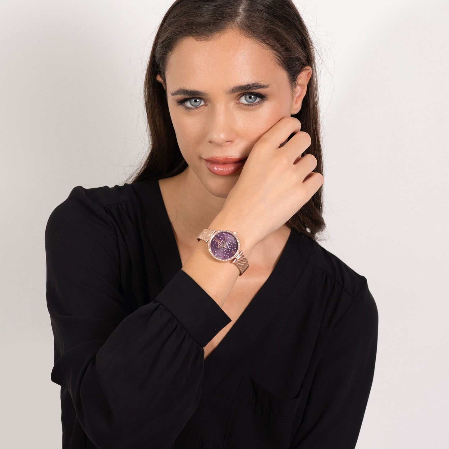 DAMEN IP ROSE STAHL UHR LILA ZIFFERBLATT LÜNETTE MIT WEISSEN KRISTALLEN