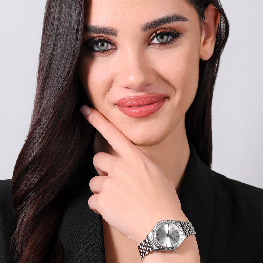 DAMENUHR AUS STAHL MIT WEISSER KRISTALLLÜNETTE