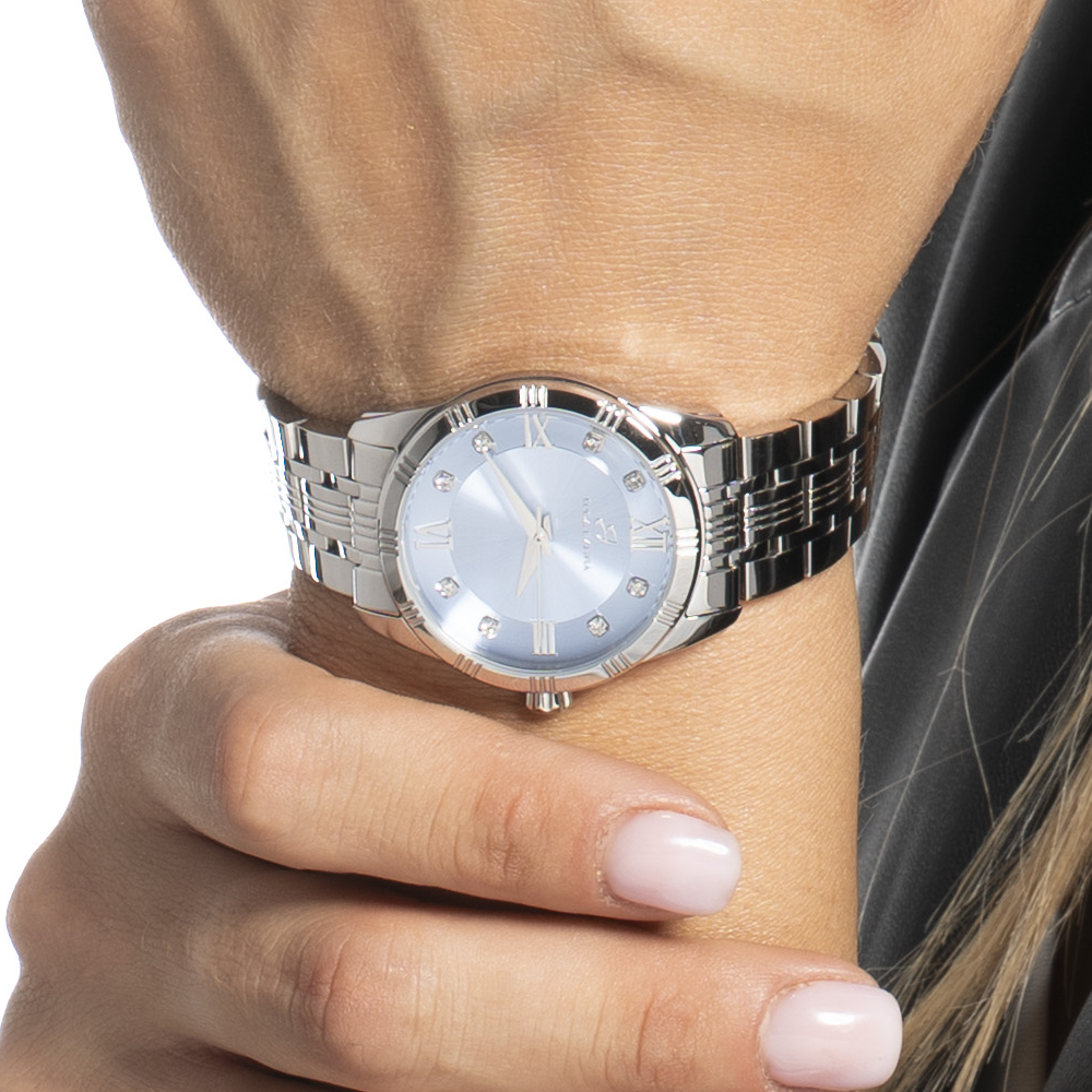 DAMENUHR AUS STAHL MIT BLAUEM ZIFFERBLATT