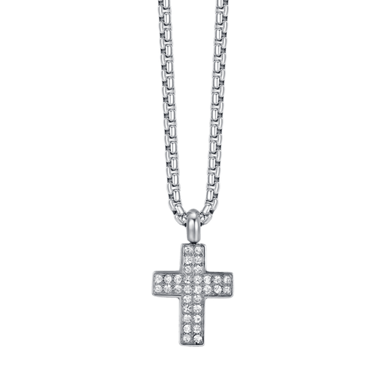 HERRENKETTE MIT KREUZ AUS STAHL UND WEISSEN KRISTALLEN