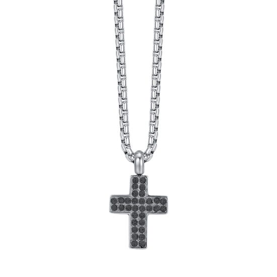 HERRENKETTE MIT KREUZ AUS STAHL UND SCHWARZEN KRISTALLEN