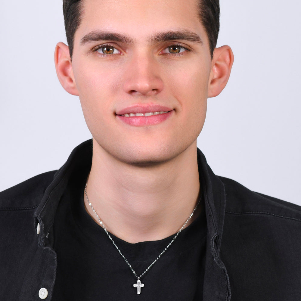HERREN-HALSKETTE MIT STAHLKREUZ UND WEISSEM ZIRKONIASTEIN