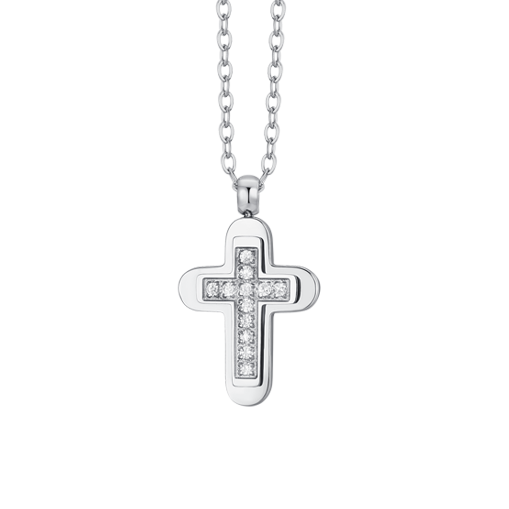 HERREN-HALSKETTE MIT STAHLKREUZ UND WEISSEM ZIRKONIASTEIN