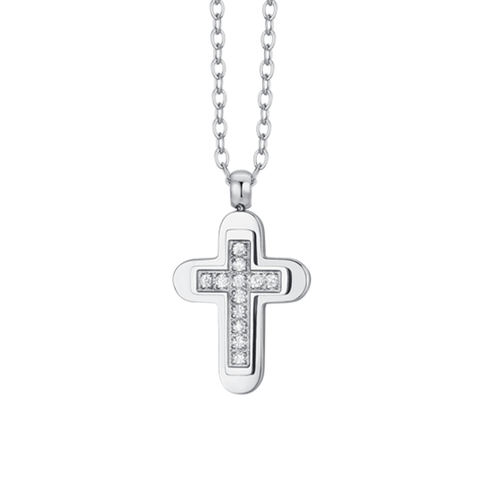 HERREN-HALSKETTE MIT STAHLKREUZ UND WEISSEM ZIRKONIASTEIN