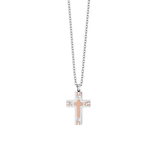 COLLANA UOMO ACCIAIO CROCE ED IP ROSE