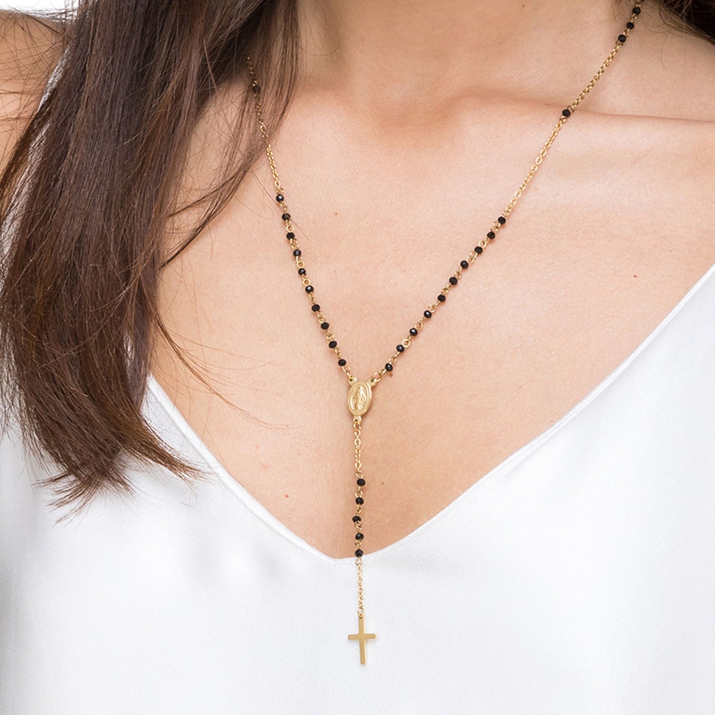 DAMEN STAHL ROSENKRANZ HALSKETTE MIT SCHWARZEN KRISTALLEN MIT ANHÄNGER