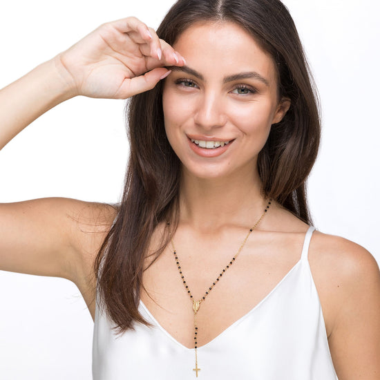 DAMEN STAHL ROSENKRANZ HALSKETTE MIT SCHWARZEN KRISTALLEN MIT ANHÄNGER