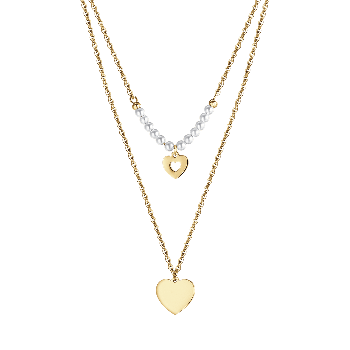 IP GOLD STAHL DAMEN HALSKETTE MIT HERZEN UND WEISSEN PERLEN