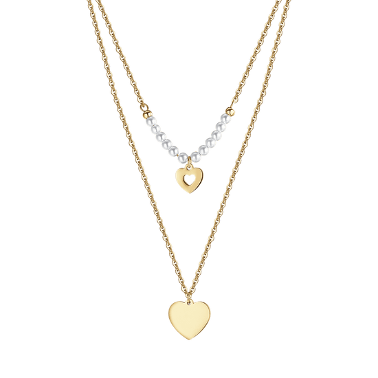 IP GOLD STAHL DAMEN HALSKETTE MIT HERZEN UND WEISSEN PERLEN