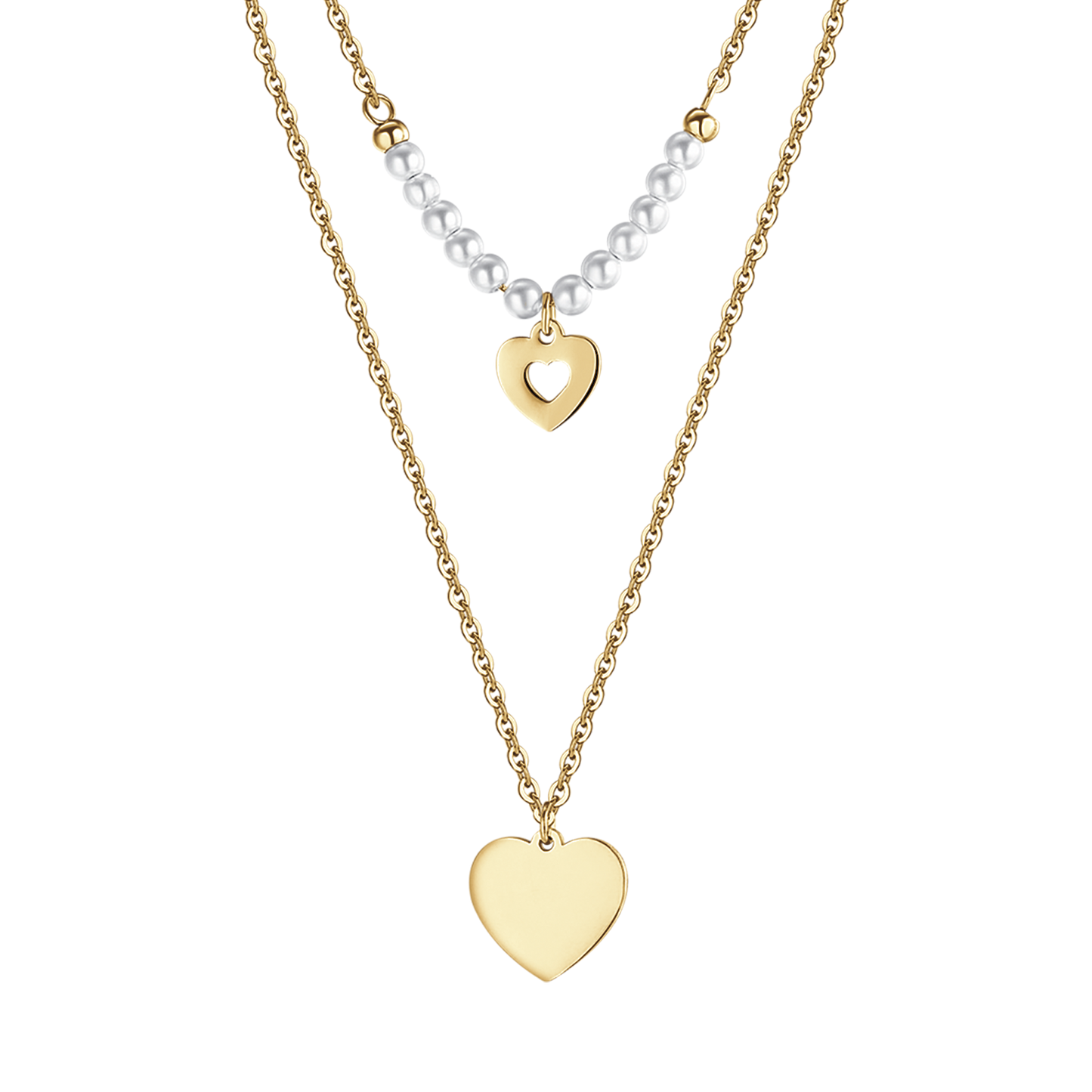 IP GOLD STAHL DAMEN HALSKETTE MIT HERZEN UND WEISSEN PERLEN