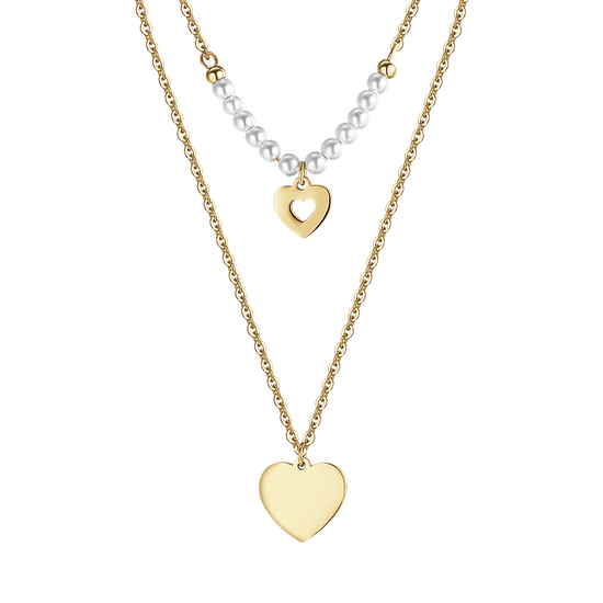 IP GOLD STAHL DAMEN HALSKETTE MIT HERZEN UND WEISSEN PERLEN