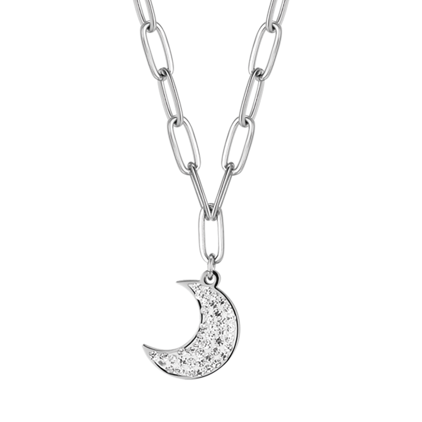 STAHL-HALSKETTE FÜR FRAUEN MIT MOND UND WEISSEN KRISTALLEN