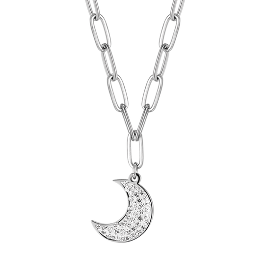 STAHL-HALSKETTE FÜR FRAUEN MIT MOND UND WEISSEN KRISTALLEN