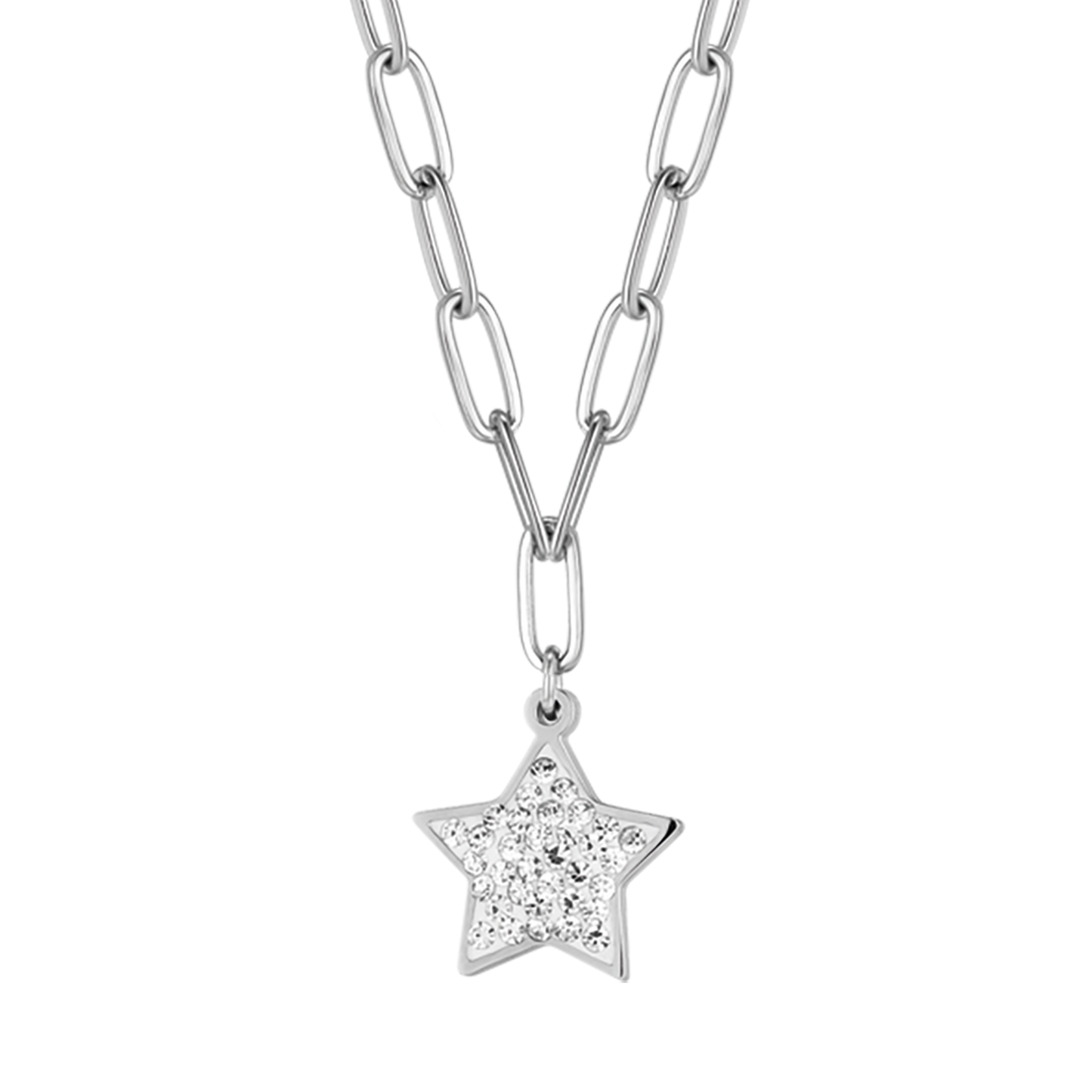 STAHL-HALSKETTE FÜR FRAUEN MIT STERN UND WEISSEN KRISTALLEN UND GLIEDERKETTE
