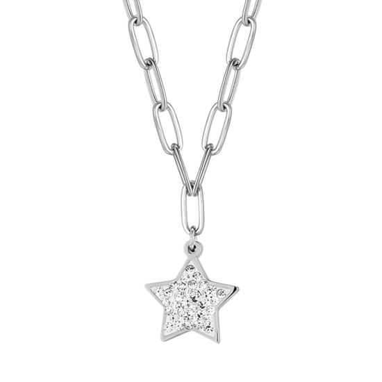 STAHL-HALSKETTE FÜR FRAUEN MIT STERN UND WEISSEN KRISTALLEN UND GLIEDERKETTE