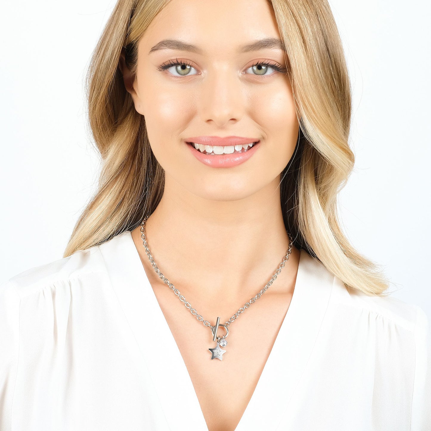 DAMEN-STAHLSTERN-HALSKETTE MIT WEISSEN KRISTALLEN