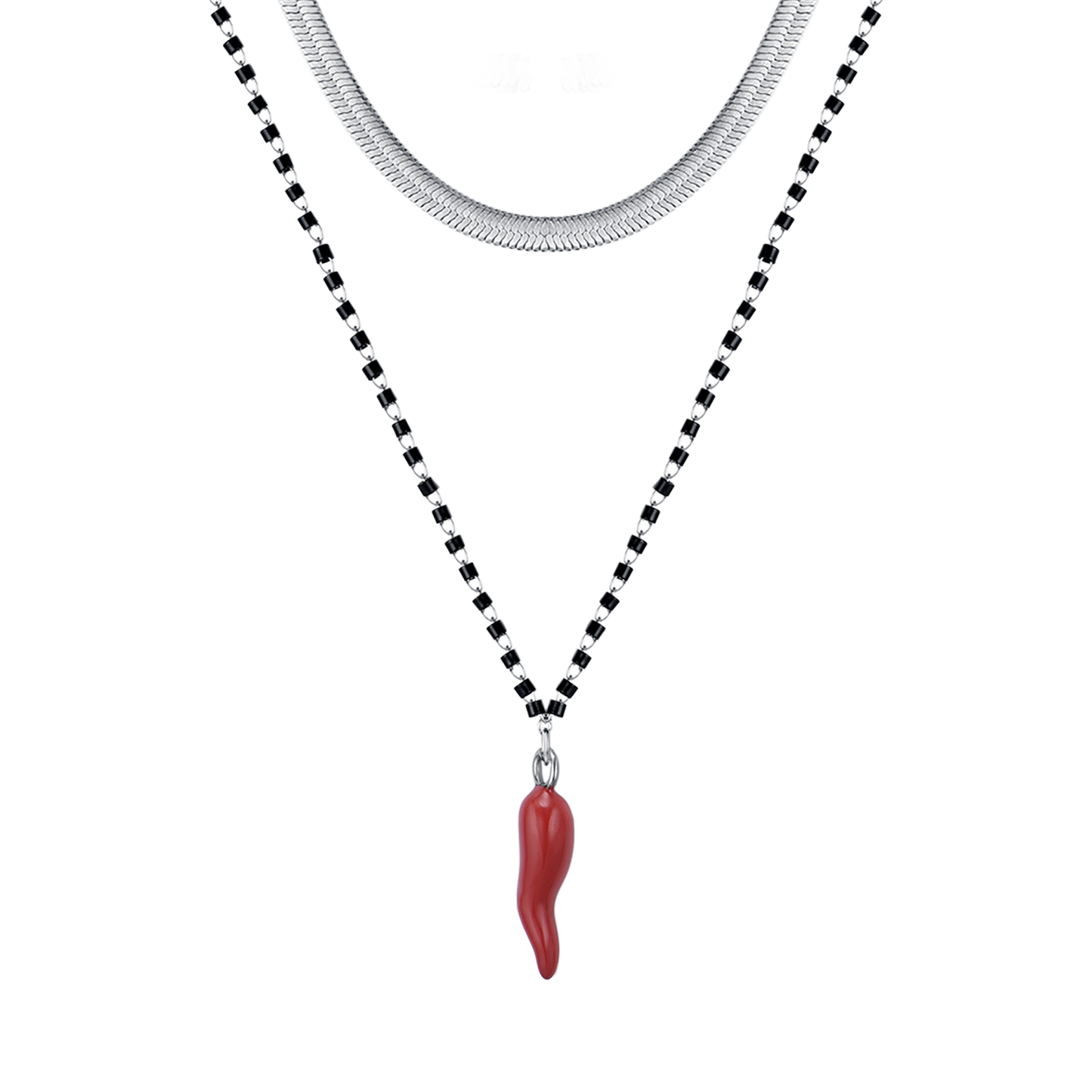 DAMENHALSKETTE AUS STAHL MIT HORN MIT ROTER EMAILLE UND SCHWARZEN ELEMENTEN