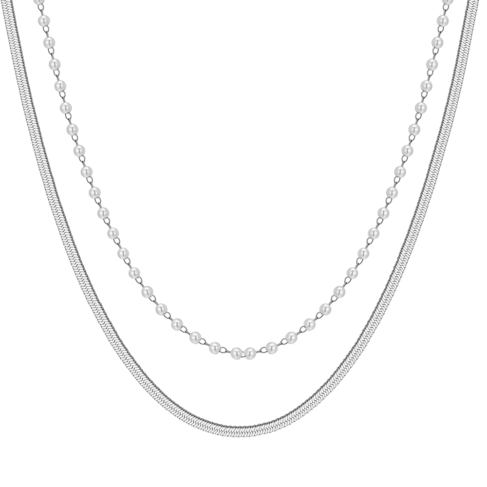 DAMENKETTE AUS STAHL MIT WEISSEN PERLEN