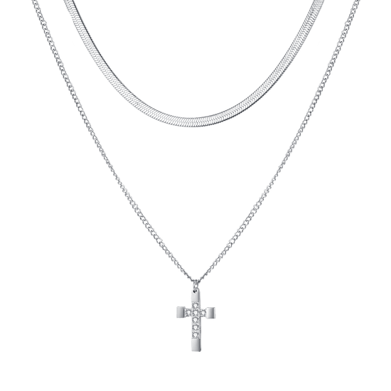 DAMEN-KREUZ-HALSKETTE AUS STAHL MIT WEISSEN KRISTALLEN