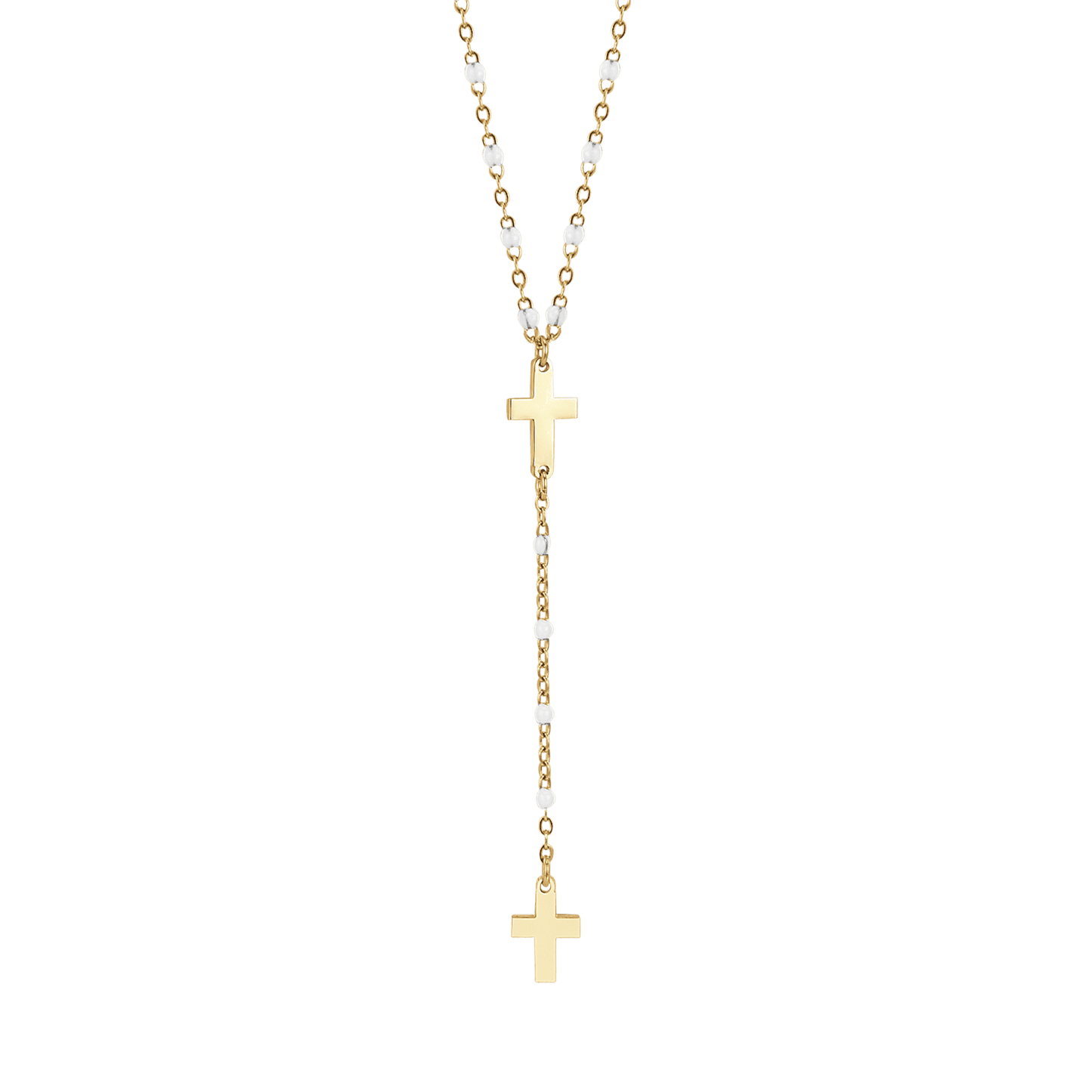 IP GOLD STAHL DAMEN ROSENKRANZ HALSKETTE MIT KREUZEN UND WEISSEN ELEMENTEN