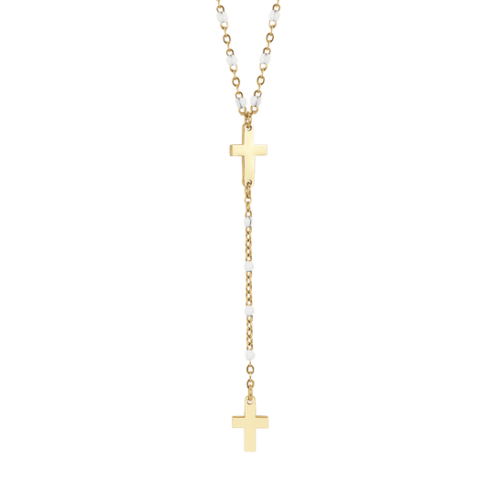 IP GOLD STAHL DAMEN ROSENKRANZ HALSKETTE MIT KREUZEN UND WEISSEN ELEMENTEN
