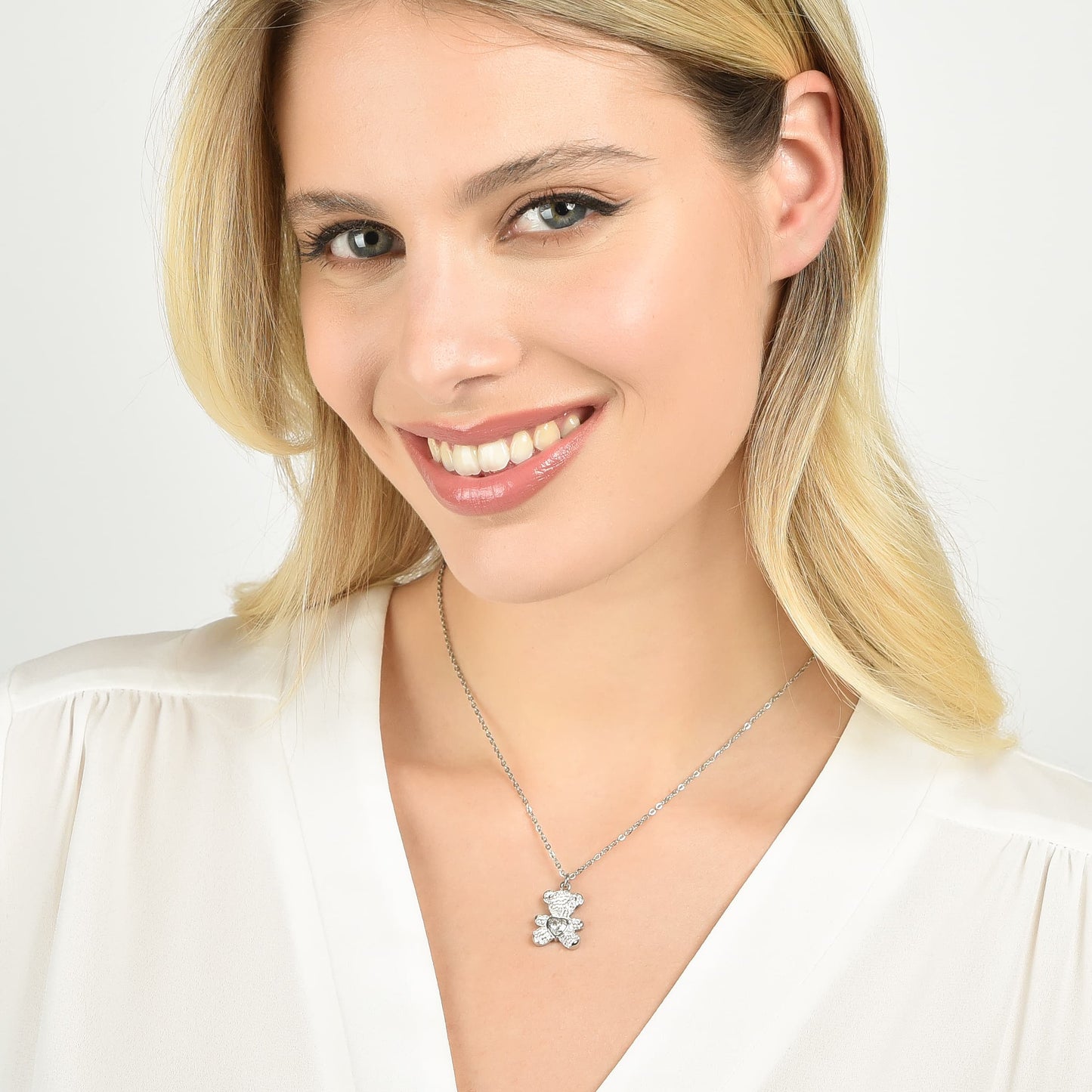 DAMEN STAHLKETTE MIT TEDDYBÄR UND WEISSEN KRISTALLEN
