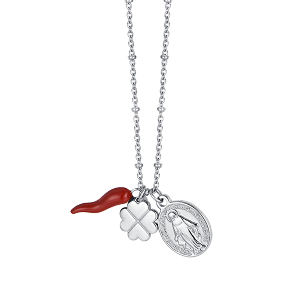 DAMEN-STAHLKETTE MIT VIERBLÄTTRIGEM KLEEBLATTANHÄNGER, HORN UND MADONNA