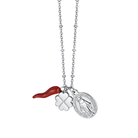 DAMEN-STAHLKETTE MIT VIERBLÄTTRIGEM KLEEBLATTANHÄNGER, HORN UND MADONNA