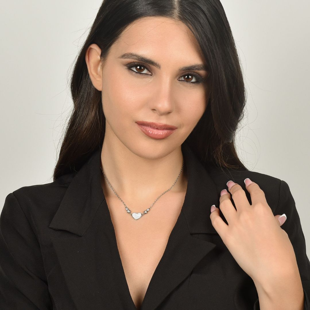 HERZ-HALSKETTE FÜR FRAUEN AUS STAHL MIT WEISSEN KRISTALLEN