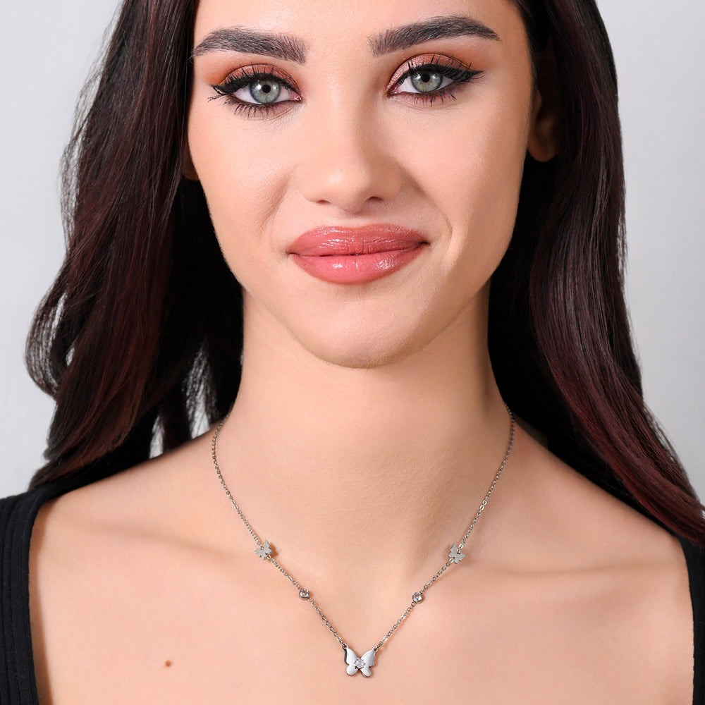 DAMENHALSKETTE MIT SCHMETTERLING UND ZIRKONIA AUS STAHL