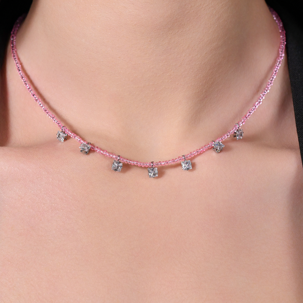 COLLANA DONNA IN ACCIAIO CRISTALLI ROSA E ZIRCONI BIANCHI